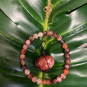 FIRE QUARTZ GORGEOUS wire wrapped crystal necklace pendant & bracelet set